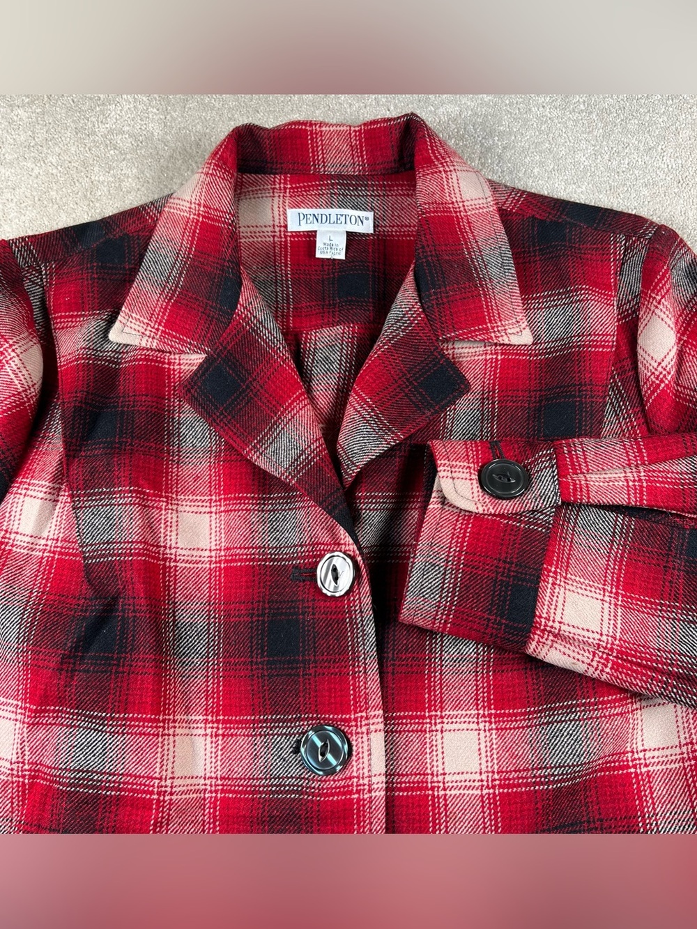 Pendleton Wool Jacket Shacket Red Plaid Button Up Pleated Patch Pockets Women Lg